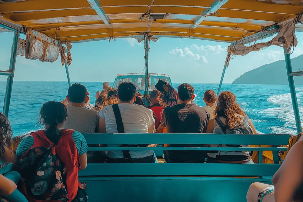 Group of literary travelers enjoying a boat trip in Crete.