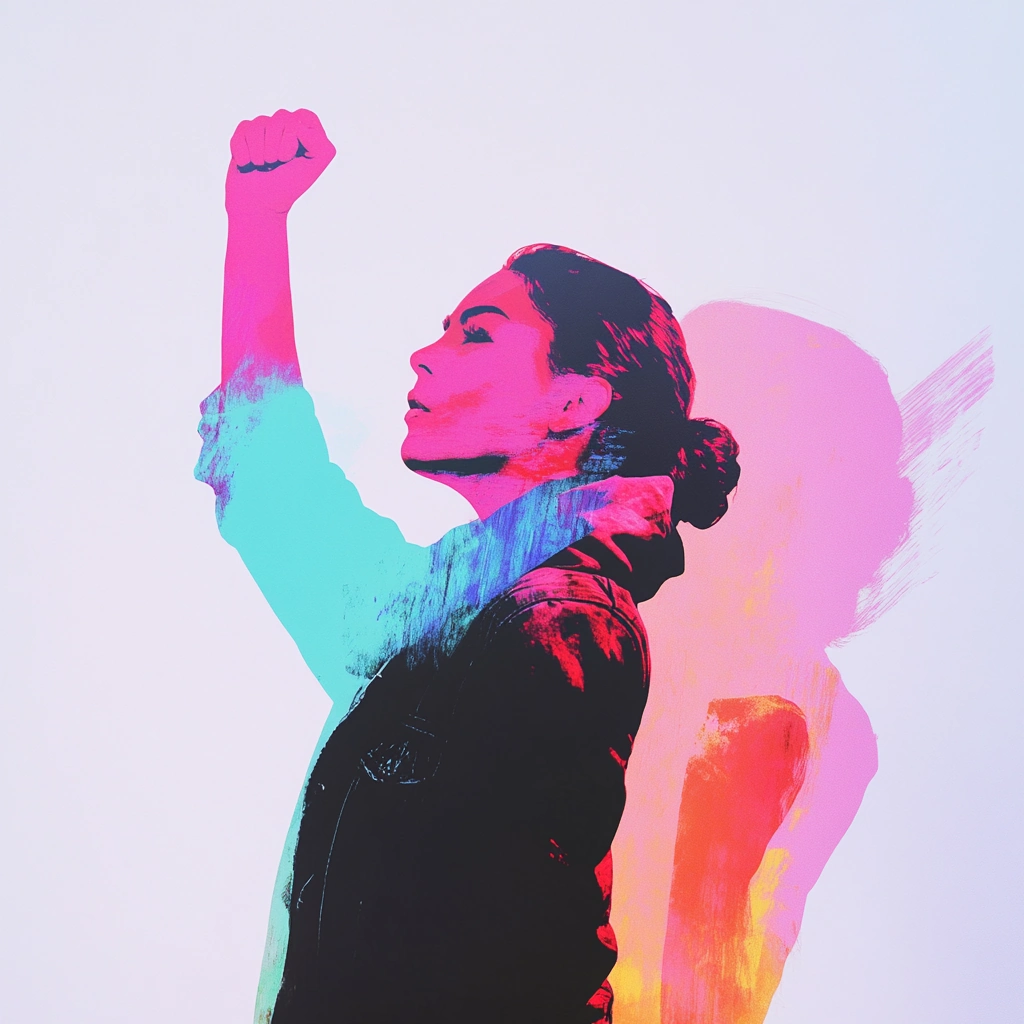 An illustration of a woman raising her fist as a symbol of strength, equality, and feminism.