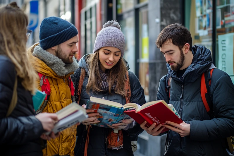 Our reading group engaged in a literary discussion, sharing their favorite books on a street in Dublin.