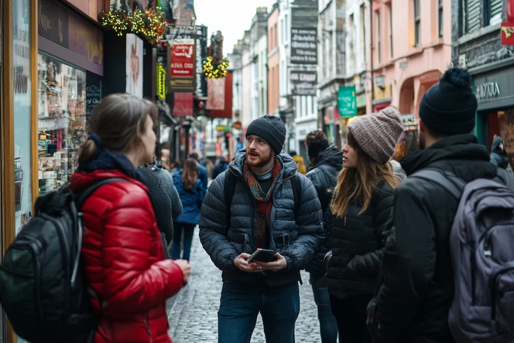 Our guide interacting with our literary reading group at Temple Bar.