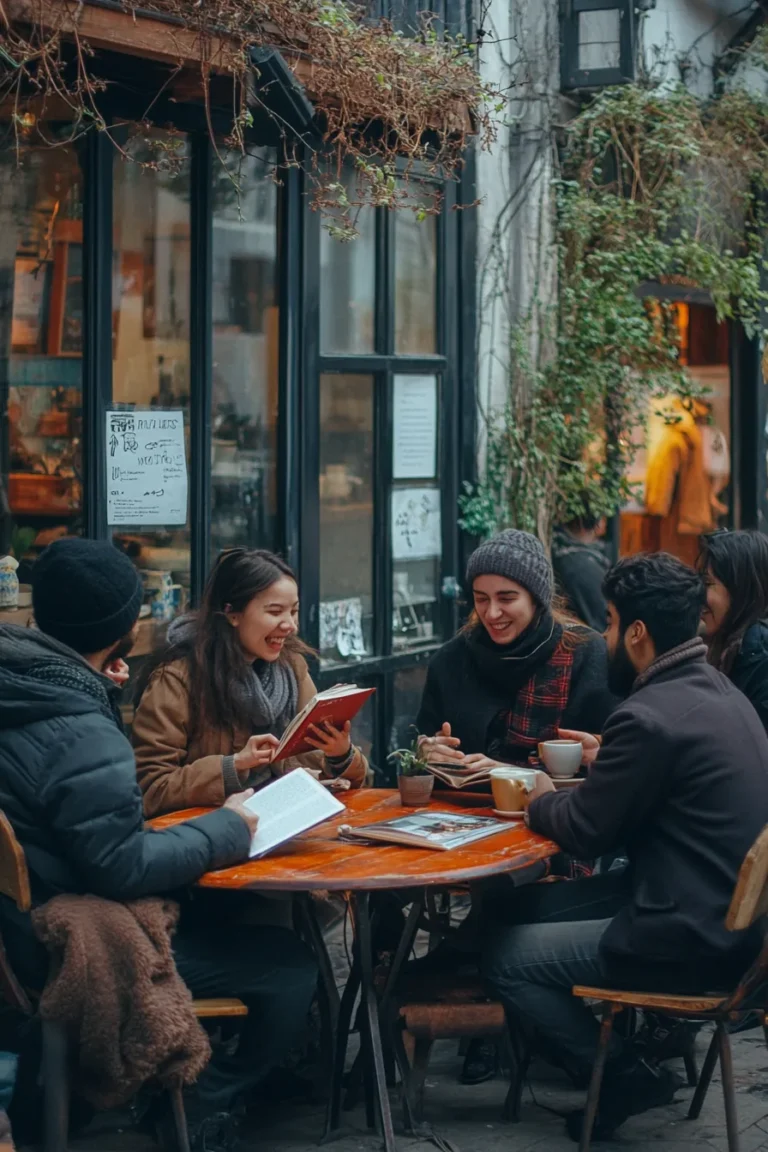 A group of literary travelers having an animated discussion.