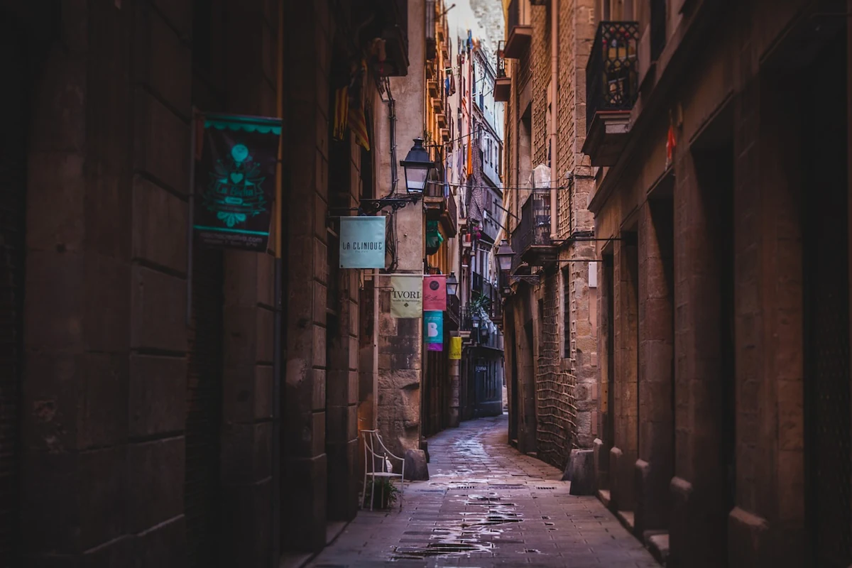 Narrow and picturesque street in the El Born district of Barcelona.