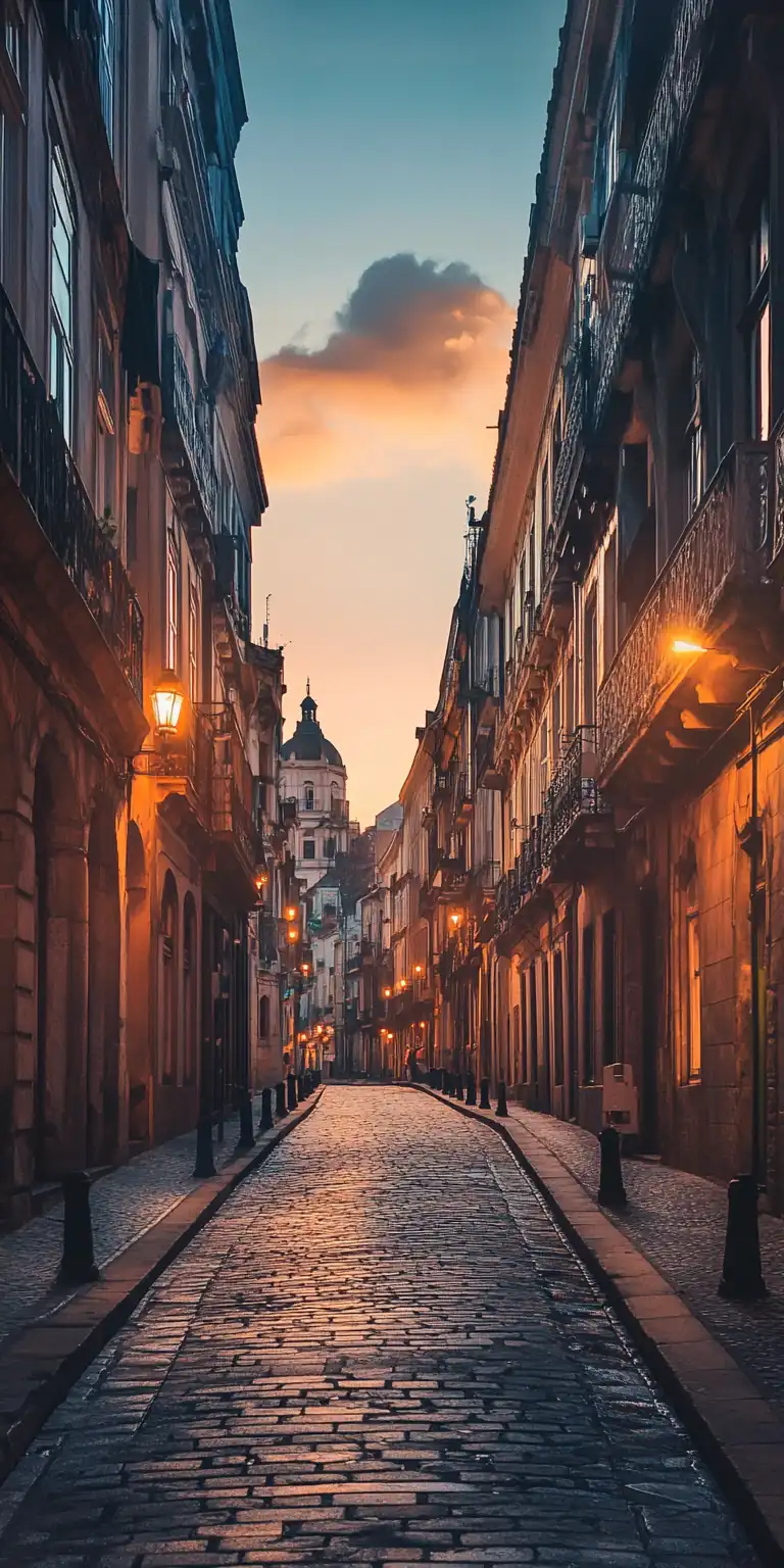 European cobblestone street at sunset.