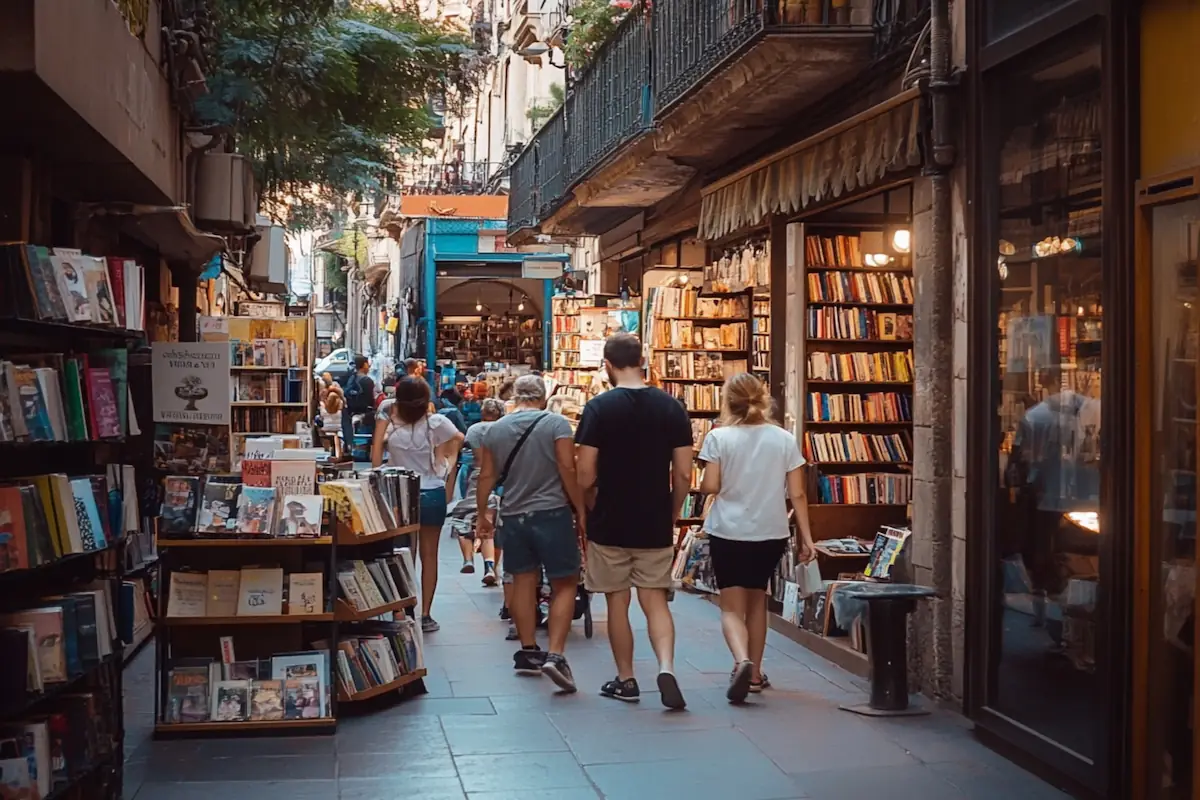 Group from our book club exploring a street lined with books in Barcelona, in search of new literary discoveries.