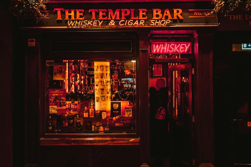 Illuminated facade of the Temple Bar in Dublin.