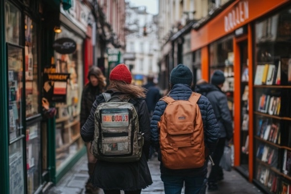 Two members of our reading group walking through a picturesque street in Dublin, discovering local bookstores.