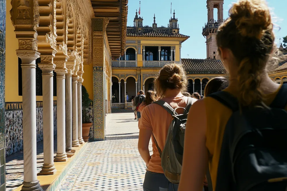 Group of travelers from our book club exploring the arches and ornate mosaics of an Andalusian palace.