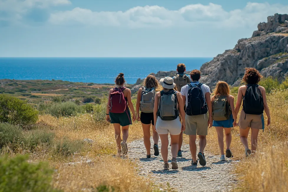 Literary travelers walking on a sunny trail in Crete.